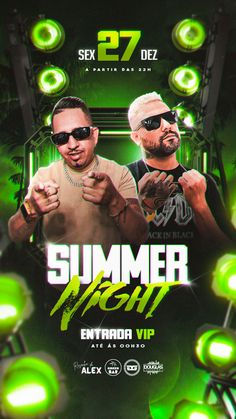 two men standing next to each other in front of green lights with the words summer night