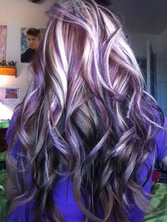 Fall Hair Colors For Blondes Purple, Silver Purple Hair Balayage Brunette, Brown Hair With Blonde And Purple, Brunette With Blonde And Purple Highlights, Purple Blonde Hair Highlights, Dark Purple Hair With Blonde Highlights, Bright Hair Color Ideas For Blondes, Blond Hair With Purple Highlights, Light Purple Hair Highlights