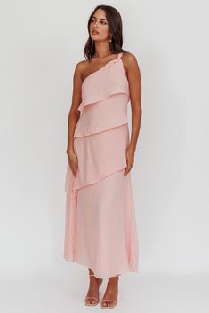 Delwyn One-Shoulder Maxi Dress Baby Pink One Shoulder Dress For Brunch, Chic Tiered Maxi Dress For Bridesmaids, Chic Maxi Dress With Ruffles And Asymmetrical Neckline, Spring One-shoulder Bridesmaid Maxi Dress, Spring Bridesmaid Maxi Dress With One Shoulder, Chic One-shoulder Bridesmaid Dress For Spring, Chic One Shoulder Bridesmaid Dress For Spring, Pink One Shoulder Maxi Dress For Summer, One-shoulder Ruffled Maxi Dress For Brunch