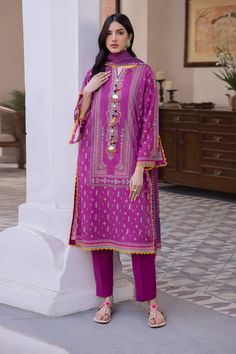 Festive Pink Kurta With Digital Print, Festive Purple Lawn Suit With Printed Motifs, Festive Purple Lawn Suit With Digital Print, Festive Pink Digital Print Kurta, Traditional Pink Sets With Digital Print, Purple Long Sleeve Sets With Printed Motifs, Pink Digital Print Sets For Eid, Printed Purple Lawn Suit With Long Sleeves, Pink Cotton Lawn Suit With Digital Print