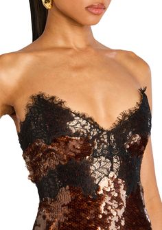 Indulge in the ultimate in elegance with our Ellen Sequin Dress. This strapless midi dress features stunning sequins and delicate lace details on the bodice, evoking the sensuality of lingerie. Perfect for making a statement at any special occasion. 100% Polyester Made in China Model is 5'10" wearing size S Brown Sequin Dress, Retrofete Dress, Promotion Outfits, Awards Outfits, Western Looks, Bridal Reception Dress, Modern Cocktail, Brown Sequin Dresses, Destination Bride