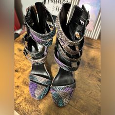 Multicolored Snakeskin Heels With Triple Ankle Strap And Zipper Up The Back. Nwot Purple Heels With Buckle Closure, Purple High Heels With Buckle Closure, Purple Ankle Strap Heels With Buckle Closure, Purple Open Toe Heels With Buckle Closure, Snakeskin Heels, Strappy Heels, Snake Skin, Shoes Women Heels, The Back