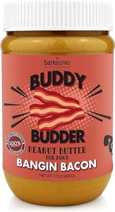 a jar of peanut butter with bacon in it on a white background and the words buddy