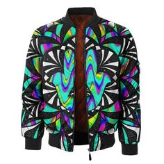 Add a vibrant new look to your wardrobe with our custom made designed Eye See You Bomber Jacket, crafted from 100% premium polyester. A mesmerizing colorful "eye see you" print was designed by our resident artists.  DETAILS & FIT This classic bomber jacket features a classic silhouette with slightly puffer construc Jacket Collection, Motorcycle Vest, Male Eyes, Kangaroo Pocket Hoodie, Casual Outerwear, Mens Boardshorts, Fall Outdoor, Print Bodysuit, Bomber Jackets