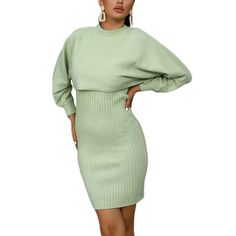 Green Knit Long Sleeve with Sweater Dress 2pcs Set Stretch Solid Color Sweater Dress For Spring, Spring Knit Sweater Dress In Solid Color, Fitted Solid Color Sweater Dress For Spring, Spring Ribbed Dress For Layering, Casual Fake Two-piece Dresses For Winter, Chic Solid Color Sweater Dress For Spring, Spring Midi Sweater Dress, Casual Fitted Fake Two-piece Dress, Chic Fake Two-piece Fall Dress