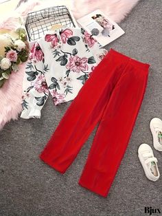 Bjux - Chic and Sophisticated Two-Piece Ensemble: Floral Print Ruffle Trim Blouse paired with Solid Wide Leg Pants, Womens Fashion Set Women's Fashion Set, Pants Womens, Sleeve Detail, Ruffle Trim, Fashion Set, Leg Pants, Wide Leg Pants, Wide Leg, Floral Print