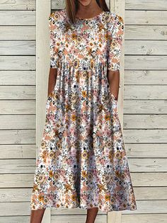 Loosen Casual Floral Short Sleeve Woven Dress Robes Glamour, Womens Boho Dresses, Women's A Line Dresses, Long Beach Dress, Yellow Midi Dress, Printed Summer Dresses, Popular Dresses, Floral Print Midi Dress, Half Sleeve Dresses