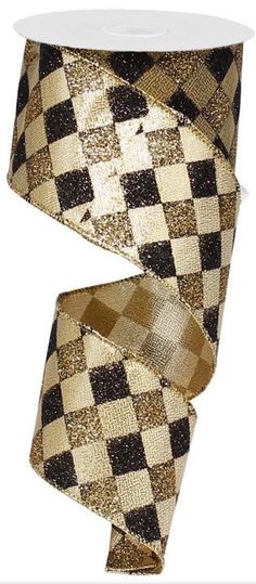 gold and black checkerboard ribbon with metallic foil on the side, one roll