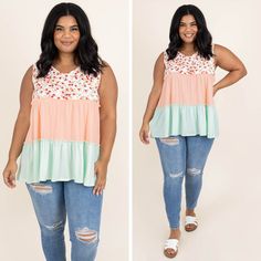 You will get a blissful feeling when you wear this cute tank! The floral pattern on the bodice is perfect for this time of year and the color block look is so in! The material on this cutie is butter soft and has enough stretch to comfortably wear all day! This is perfect for the office with some white jeans or for a more casual look pair it with some skinnies and sandals! 96% Polyester, 4% Spandex Spring Multicolor Heart Print T-shirt, Peplum Top, White Jeans, Color Block, Bodice, Casual Looks, Floral Pattern, Floral, Women's Top