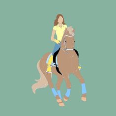 a woman riding on the back of a brown horse with blue socks and yellow shoes