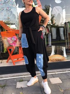 SPU: YSYYJ240710126 Style: Casual Color: Black Season: Summer Neckline: Round Neck Sleeve Length: Sleeveless Material: Cotton Size: S/M/L/XL/2XL/3XL/4XL/5XL  tops size： Size Chart： Length Bust CM inch CM inch S 45 17.7  75 29.5  M 46 18.1  80 31.5  L 47 18.5  85 33.5  XL 48 18.9  90 35.4  2XL 49 19.3  95 37.4  3XL 50 19.7  100 39.4  4XL 51 20.1  105 41.3  5XL 52 20.5  110 43.3  pants size： Size Chart： Length Waist Hip CM inch CM inch CM inch S 105 41.3  75 29.5  100 39.4  M 106 41.7  80 31.5  10 Black Spliced Bottoms For Summer, Casual Black Bottoms With Splicing, Black Patchwork Pants For Spring, Black Patchwork Bottoms For Summer, Black Overalls For Spring, Black Spring Overalls, Patchwork Pants, Pants Suit, Denim Patchwork