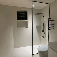 a bathroom with a glass shower door and toilet