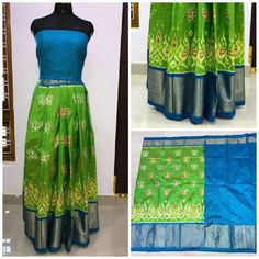 Pochampally Ikkat Parrot Green Lehenga With Sky Blue Border Green Handloom Choli For Navratri, Green Handloom Lehenga For Diwali, Navratri Green Handloom Choli, Festive Green Handloom Choli, Green Handloom Choli With Traditional Drape, Festive Ikat Print Chanderi Sets, Festive Lehenga With Ikat Print And Traditional Drape, Anarkali Sets With Ikat Print And Traditional Drape, Traditional Green Ikat Print Sets