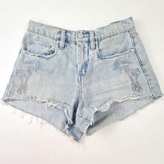 New Blank Nyc Women's Life's Beach The Barrow High Rise Denim Jean Shorts Sz 24 - New With Tags - Flaw | Has Some Discoloring As Pictured - High Rise | High Waisted - Intentional Distressing - Palm Tree Embellishment - Zipper Closure And Button Fly - 5 Pocket Design Size | 24 Inseam | 2.5" Rise | 10" Waist | 13" Material 100% Cotton Denim Shorts With Built-in Shorts For Vacation, Beach Cutoff Jean Shorts With Built-in Shorts, Medium Wash Jean Shorts For Beach In Spring, Casual Cutoff Bottoms For Vacation, Spring Vacation Medium Wash Jean Shorts, Medium Wash Cutoff Jean Shorts For Vacation, Vacation Shorts With Frayed Hem Relaxed Fit, Vacation Shorts With Frayed Hem And Relaxed Fit, Denim Jean Shorts With Frayed Hem For Vacation