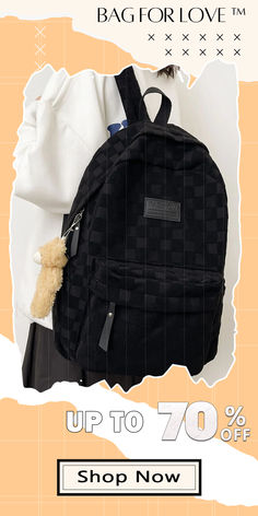 BagForLove - Chessboard Pattern Letter Patch Backpack With Adjustable Strap - Ideal For Daily Use Black Letter Print Backpack For Students, Cheap Black Backpack With Letter Print, Cheap On-the-go Backpack With Pockets, Black Backpack For Students - Back To School, Patch Backpack, Plaid Backpack, Backpack Patches, Letter Patterns