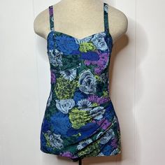 Vintage One-piece Swimwear For Beach, Vintage Green Fitted Swimwear, Old Swimsuits Vintage, Fitted Vintage Floral Print Swimwear, Retro One-piece Printed Swimwear, Vintage Fitted Floral Print Swimwear, Retro Blue Printed Swimwear, Romper Swimsuit, Vintage Bathing Suits