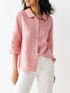 Shopcozy offers stylish and concessional Blouses.. SPU: 449CBLAIF6EE, Color: Pink, Theme:Spring/Fall, Neckline:Shawl Collar. Collared Plain Blouse, Quarter Sleeve Blouses, Spring Blouse With Casual Collar In Solid Color, Pink 3/4 Sleeve Top For Work, Fitted Blouse With Casual Collar For Spring, Spring Fitted Blouse With Casual Collar, Pink Casual Collar Tops For Spring, Fitted Pink Linen Top, Pink Linen Long Sleeve Shirt