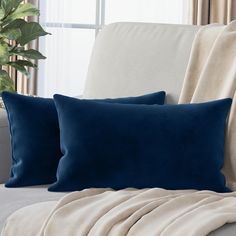 two blue pillows sitting on top of a white couch next to a potted plant