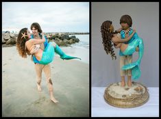 two pictures of people on the beach one is holding a mermaid and the other has a starfish