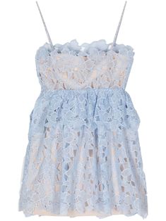 light blue organza corded lace sheer coverage fully perforated crystal-embellished spaghetti straps sleeveless side hook and eye fastening peplum waist scallop hem removable lining thigh-length Organza Lace Dress, Light Blue Mini Dress, Blue Organza, Organza Lace, Self Portrait Dress, Scallop Hem, Corded Lace, Blue Mini Dress, Crystal Chain