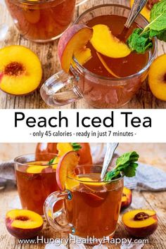 peach iced tea in glass mugs with mint garnish