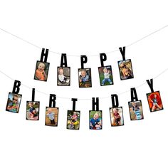 a happy birthday banner with photos hanging from it