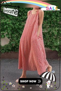 Women Casual Sleeveless Plaid Side Pocket Loose Maxi Dress Summer V-neck Maxi Dress For Picnic, Casual Sleeveless Cotton Sundress, Casual Sleeveless Summer Dress For Picnic, Casual Sleeveless Summer Midi Dress, Casual Sleeveless Midi Dress For Summer, Summer Sleeveless Dress For Picnic, Casual A-line Sleeveless Dress, Casual Summer Sundress With Pockets, Casual Sleeveless Beach Dress