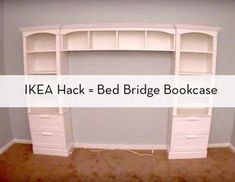 an ikea hack - bed bridge bookcase is in the corner of this room