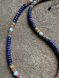 Sterling Silver Lapis Multi Stone Bead Necklace. 18 inch Colorful Lapis Lazuli Bead Necklaces, Colorful Round Lapis Lazuli Bead Jewelry, Colorful Lapis Lazuli Beaded Jewelry, Multicolor Lapis Lazuli Round Beaded Necklaces, Multicolor Beaded Lapis Lazuli Jewelry, Multicolor Lapis Lazuli Beaded Necklaces, Bohemian Single Strand Lapis Lazuli Beaded Necklace, Lapis Lazuli Necklace With Spacer Beads, Stone Bead Necklace