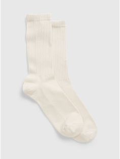 Made with 75% organically grown cotton.  Organic cotton is better for people and the environment because it�s grown without the use of harmful synthetic pesticides and fertilizers.  Ribbing at top.  Reinforced toe and heel.  #737446 For more fit and sizing info, check out our Size Chart. White Ribbed Cotton Socks, Gender Equality, Support People, Pesticides, Crew Socks, Gap, Organic Cotton, Size Chart, Socks