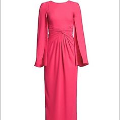 Theia Women's Pink Knotted Cape-Sleeve Gown, Size 10, Bright Pink Long Sleeve Evening Dress With Pleated Bodice For Cocktail, Long Sleeve Cocktail Evening Dress With Pleated Bodice, Pre-draped Long Sleeve Wedding Gown, Elegant Formal Evening Dress With Gathered Sleeves, Long Sleeve Wedding Gown With Ruched Bodice, Formal Dresses With Gathered Sleeves, Pre-draped, Elegant Long Sleeve Evening Dress With Ruched Bodice, Long Sleeve Ruched Evening Dress For Gala, Long Sleeve Evening Dress With Pleated Bodice For Gala