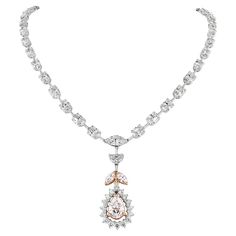 The Maira Diamond Necklace celebrates color diamonds. With a low color center that appears orangey pink in setting, the necklace showcases a pronounced string of solitaires that exude style and grace. Diamonds Shapes: Pear Shape, Marquise, Oval, Half Moon & Round Center Solitaire: 2.00 ct Pear Shape M Color SI2 Clarity (GIA 2181523463) Total Diamonds Weight: 19.26 ct Diamonds Color: G - H, Pink Diamonds Clarity: VS - SI (Very Slightly Included - Slightly Included) Metal: Platinum & Rose Gold Set Diamonds Shapes, Platinum Rose Gold, Pink Diamonds, Diamonds And Gold, Style And Grace, Gorgeous Jewelry, Drop Necklace, Pink Diamond, Gold Set