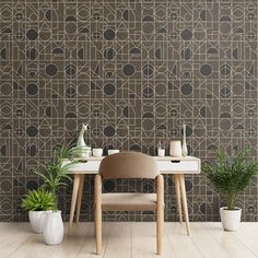 a chair and table in front of a wallpapered background with circles on it