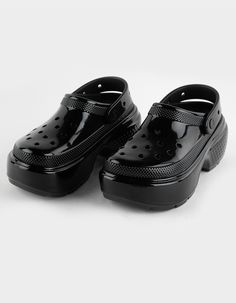 CROCS Stomp High Shine Womens Clogs - BLACK | Tillys Synthetic Slip-on Clogs With Reinforced Heel, Platform Closed Toe Synthetic Clogs, Crocs Fashion, Flannel Sweatshirt, Lug Sole Boots, Women's Crocs, Slipper Shoes, Sweaters And Jeans, Womens Clogs