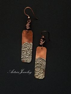 These Copper Bar Earrings with Silver Solder Mandalas are a great pair of mixed metal earrings. Accented with copper wire knots. These earrings are part of our Mandala Collection. Mandala Pendant/Necklace is available at - Sheet Metal Jewelry, Mandala Earrings, Hammered Jewelry, Copper Bar, Mixed Metal Earrings, Bar Earrings, Metal Earrings, Metal Pendant, Copper Earrings