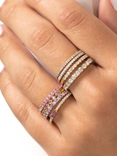 Our Gracie Ring is our favorite way to add a touch of color (and sparkle!) to your jewelry. The halfway around pink sapphire and diamond band is beautiful on its own, with all your special sapphire pieces, or even as a colorful compliment to your engagement ring. Available in 14K yellow, white, or rose gold. Reversible Ring, Sapphire And Diamond Band, Ring Stack, Initial Jewelry, Pink Ring, Sapphire Jewelry, Fine Rings, Diamond Band, Sapphire Diamond