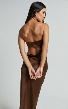 Charlita Maxi Dress - Strapless Cowl Back Satin Dress in Chocolate | Showpo USA Date Night Strapless Satin Dress With Fitted Bodice, Strapless Satin Dress With Fitted Bodice For Date Night, Satin Strapless Dress With Corset Back For Prom, Strapless Satin Dress With Corset Back For Prom, Satin Evening Dress With Boning, Silk Strapless Dress With Satin Finish For Formal Occasions, Satin Backless Dress For Gala With Fitted Bodice, Gala Satin Backless Dress With Fitted Bodice, Satin Dress With Boning For Gala