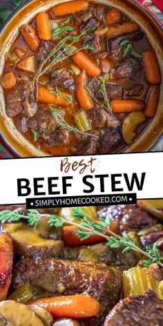 beef stew in a pot with carrots and potatoes