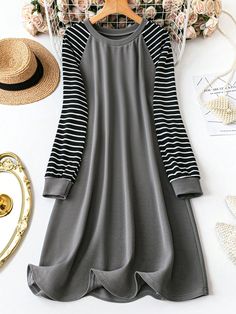 Gris Casual Collar Mangas Extra Largas Tela tejida Color combinado,A rayas camiseta Embellished Elástico Ligero Casual Dress Fall, Maxi Tee Dress, Sports Jackets Women, Grey Colour Suit, Extra Long Sleeves, Fall Clothes, Long Shirt Dress, Dress Shirts For Women, Vestido Casual