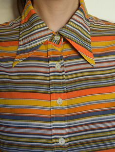 70's Striped Blouse Orange Yellow Geometric Print - Etsy Poland Orange Cotton Top With Retro Print, Summer Tops With Striped Spread Collar, Fall Cotton Shirt With Vertical Stripes, Cotton Tops With Vertical Stripes And Spread Collar, Cotton Shirt With Vertical Stripes For Fall, Retro Orange Cotton Shirt, Vintage Orange Summer Blouse, Vintage Orange Blouse For Summer, Fall Striped Collared Shirt