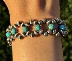 Floral Sterling Silver Blue Turquoise Pearls Bead Bracelet. 7 Inch Best Offers Accepted! Vintage Turquoise Round Bead Bracelets, Turquoise Bracelets With Silver Beads, Turquoise Beaded Bracelets With 8mm Beads, Beaded Necklaces, Blue Turquoise, Silver Blue, Bead Bracelet, Turquoise Blue, Sterling Silber