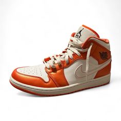 No Box Worn Once No Creases Shoes Jordan 1, Electric Orange, Shoes Jordan, Jordan 1 Mid, Jordans For Men, Orange White, Jordan Shoes, Mens Shoes Sneakers, Jordan 1