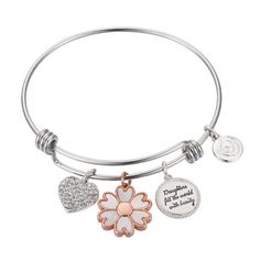 Show everyone just how much your little girl means to you with this gorgeous mother-of-pearl heart flower daughter bangle bracelet.Click on this JEWELRY & WATCHES GUIDE to learn about fit, styles, materials and more! Metal: stainless steel Additional details: mother-of-pearl stone, crystal inlay Length: 8 in. Plating: brass Packaging: boxed Finish: polished Size: 8.25". Color: Two Tone. Gender: female. Age Group: adult. Personalized Flower Jewelry For Friendship, Adjustable Flower Jewelry For Mother's Day, Personalized Flower Shaped Friendship Jewelry, Personalized Flower-shaped Jewelry For Friendship, White Jewelry For Mother's Day, Inspirational Pink Jewelry For Mother's Day, Personalized Flower-shaped Friendship Jewelry, Inspirational Hypoallergenic Jewelry For Mother's Day, Adjustable Heart Bangle For Mother's Day