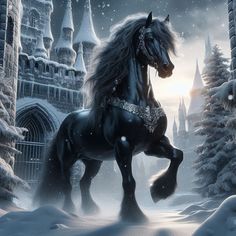 a black horse standing in front of a castle with snow on it's ground