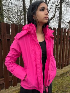 "Nice and bright functional clothing, a windbreaker nylon jacked in bright pink color.  2 slant side pockets with zip closing. Cotton jersey collar, arm ends I checked zips, all working well and are both functional and decorative elements.  Outside is nylon, inside fully lined with soft fleece material.  Brand - Superdry I suppose this item is from early 2000s,  but I do not know for sure year.  Good vintage condition, only small issue is light fiding roud hood's outer rim, but noticable just if looking carefully.  Size on the tag  S size   Please check measurements to insure a proper fit! Measurements:  48 cm  / \" armpit to armpit laying flat 56 cm/\"\"  total length  down or the edge" Sport Clothing, Functional Clothing, Pullover Sweater Women, Outdoor Hiking, Women Pullover, Hoodie Jacket, Bright Pink, Sport Outfits, Sweater Outfits