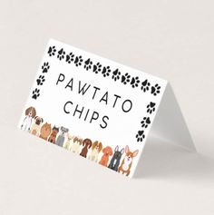 a card that says pawtato chips with dogs on the front and bottom corner