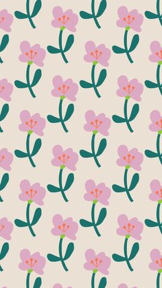 a pink flower pattern with green leaves on a white background that looks like it has been painted