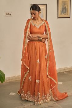 Orange lehenga with zardozi embroidered floral and bird motifs. Comes with matching blouse and gota lace embellished dupatta. - Aza Fashions Reception Chanderi Sets With Dori Work, Chanderi Sets With Dori Work For Reception, Semi-stitched Slub Silk Lehenga With Dupatta, Resham Embroidered Slub Silk Floor-length Set, Festive Slub Silk Lehenga With Zari Work, Semi-stitched Slub Silk Lehenga For Navratri, Festive Slub Silk Lehenga With Pallu, Festive Slub Silk Lehenga With Resham Embroidery, Traditional Drape Slub Silk Lehenga With Zari Work