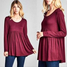 Tunic Top Burgundy Made In The USA! This Comfortable Burgandy Jersey Tunic Top Is Just What You Need For The Season! Pair With Leggings And A Denim Jacket Or With Jeans And A Faux Fur Coat! The Color Is Perfect For The Season!!! Features; Long Sleeve Scoop Neck Loose Jersey Tunic Top Material: 95% Rayon 5% Spandex Girls Tunic Tops, Girls Tunics, Bohemian Women, Couture Tops, Women Tunic Tops, Jersey Top, Womens Tunics, Faux Fur Coat, Tunic Top