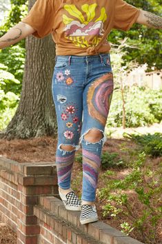 The coolest Unique, Hippie flower child jeans ever! Perfect for summer and fall music festivals...Colorful jeans that will complement any cute crop top or vintage tee for the summer season! Casual Jeans For Festival In Fall, Bohemian Summer Cotton Jeans, Bohemian Cotton Jeans For Summer, Bohemian Style Cotton Summer Jeans, Trendy Spring Jeans With Graphic Print, Bohemian Relaxed Fit Jeans For Spring, Hippie Multicolor Floral Print Bottoms, Summer Cotton Jeans With Graphic Print, Summer Graphic Print Cotton Jeans